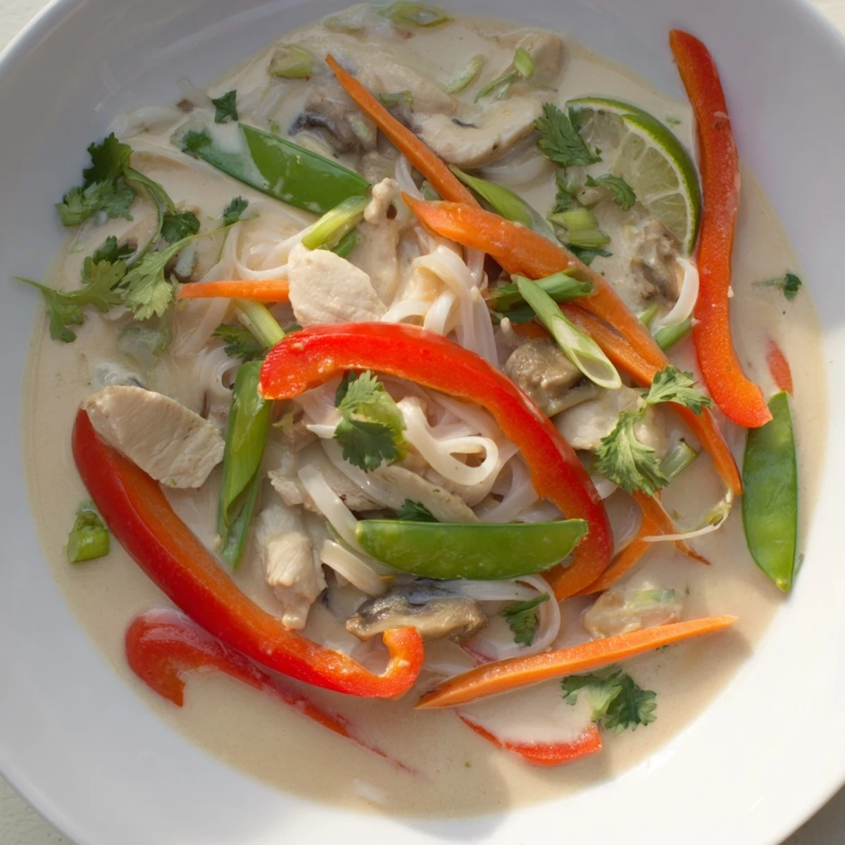 Fragrant Thai Red Curry Noodle Soup with chicken and lime wedges, topped with fresh cilantro and a spoon ready to eat.