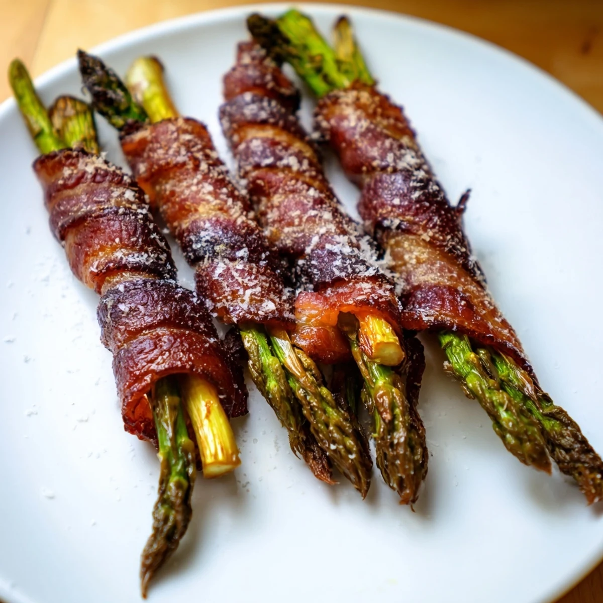 Golden Crispy Beef Bacon Wrapped Asparagus Bundles arranged on a baking sheet, roasted to smoky perfection with melted Parmesan garnish. 