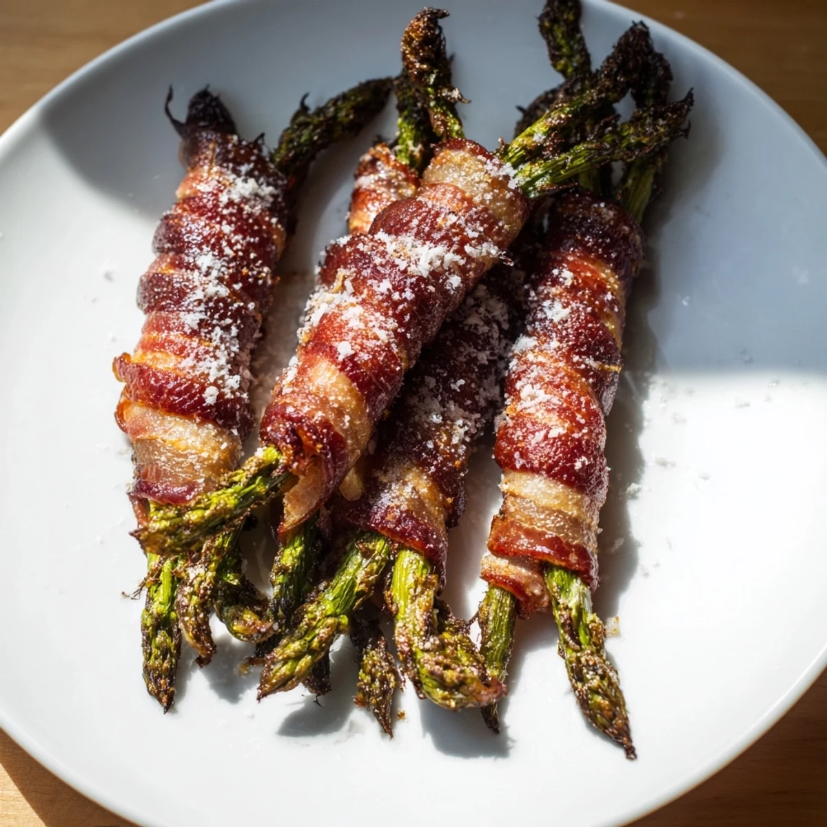 Freshly roasted Crispy Beef Bacon Wrapped Asparagus Bundles served on a rustic white platter, garnished with lemon wedges. 