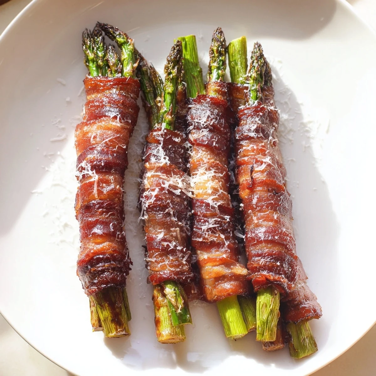 Savory Crispy Beef Bacon Wrapped Asparagus Bundles held by tongs, showcasing crispy beef bacon and tender green asparagus tips.