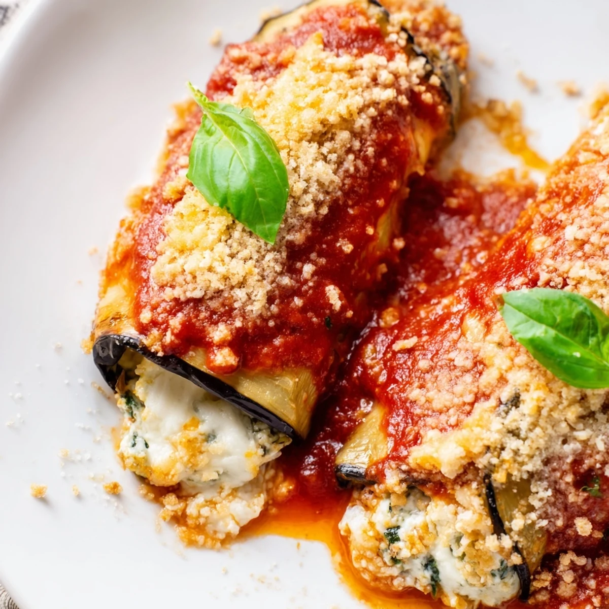 Golden-brown Baked Eggplant Rollatini with Ricotta Cheese rests in a ceramic dish, bubbling with rich tomato sauce and melted mozzarella.