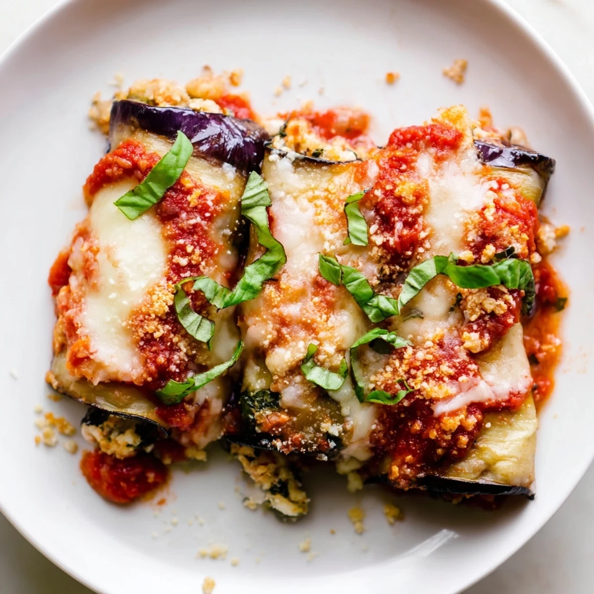 Freshly baked Baked Eggplant Rollatini with Ricotta Cheese is garnished with basil, showcasing tender roasted slices and creamy filling.