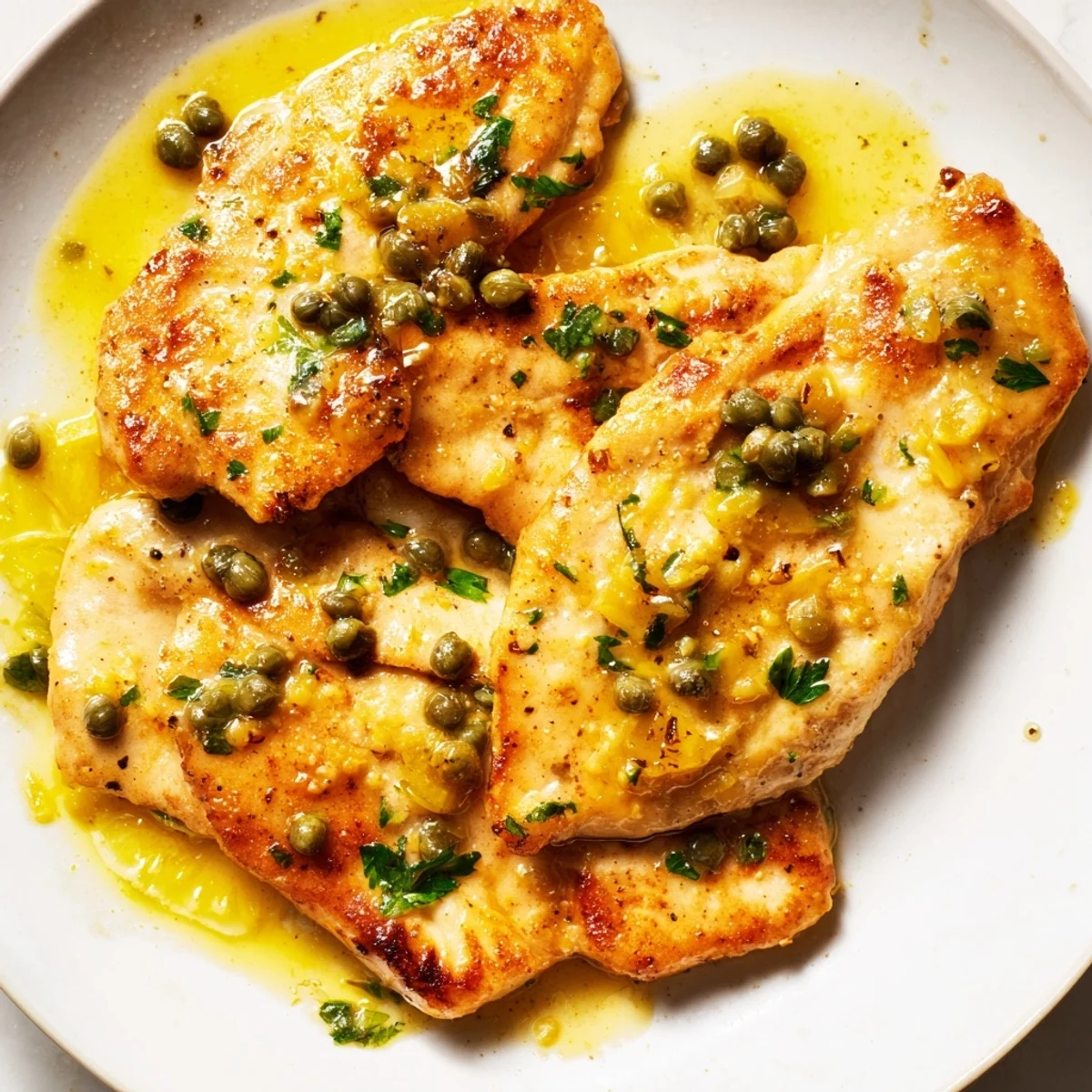Golden-brown breaded chicken piccata topped with fresh parsley and capers, drizzled with bright lemon juice in a skillet.