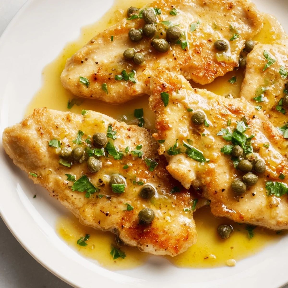 Close-up of plated chicken piccata with sautéed capers and lemon slices, garnished with fresh parsley for a vibrant dinner.
