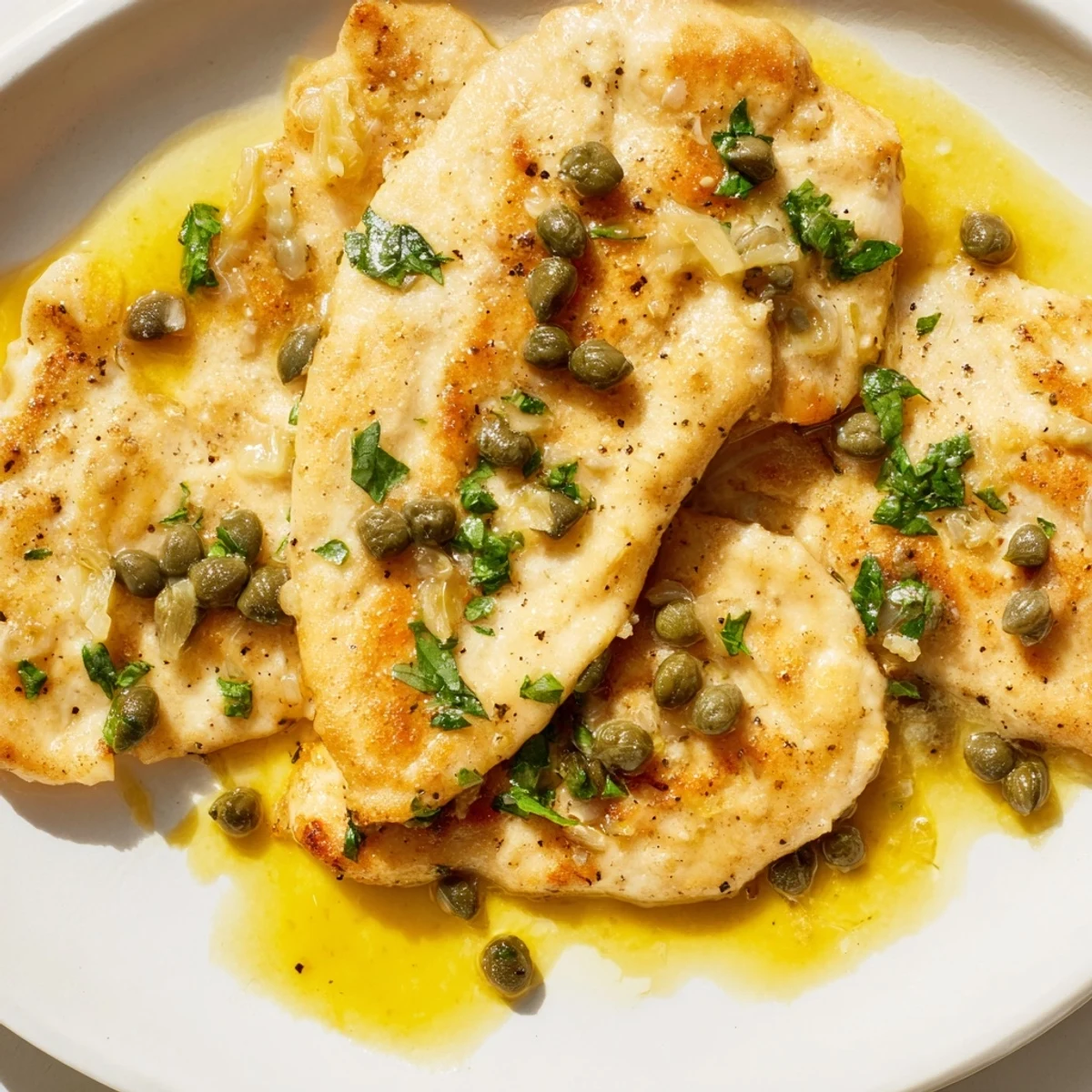Tender chicken piccata sizzling in a tangy lemon-caper sauce, ready to be served over a bed of linguine.