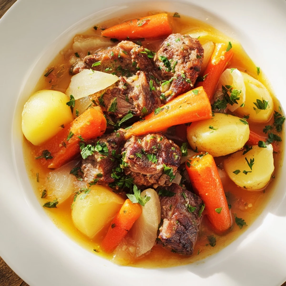 Hearty St. Patrick's Day Halal Irish Stew in a rustic pot, showcasing soft root vegetables and browned lamb simmering in savory stock, ready to serve.
