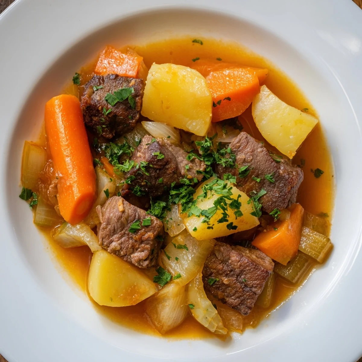 A steaming bowl of St. Patrick's Day Halal Irish Stew, featuring tender lamb cubes, potatoes, carrots, and a rich, aromatic broth garnished with fresh parsley.