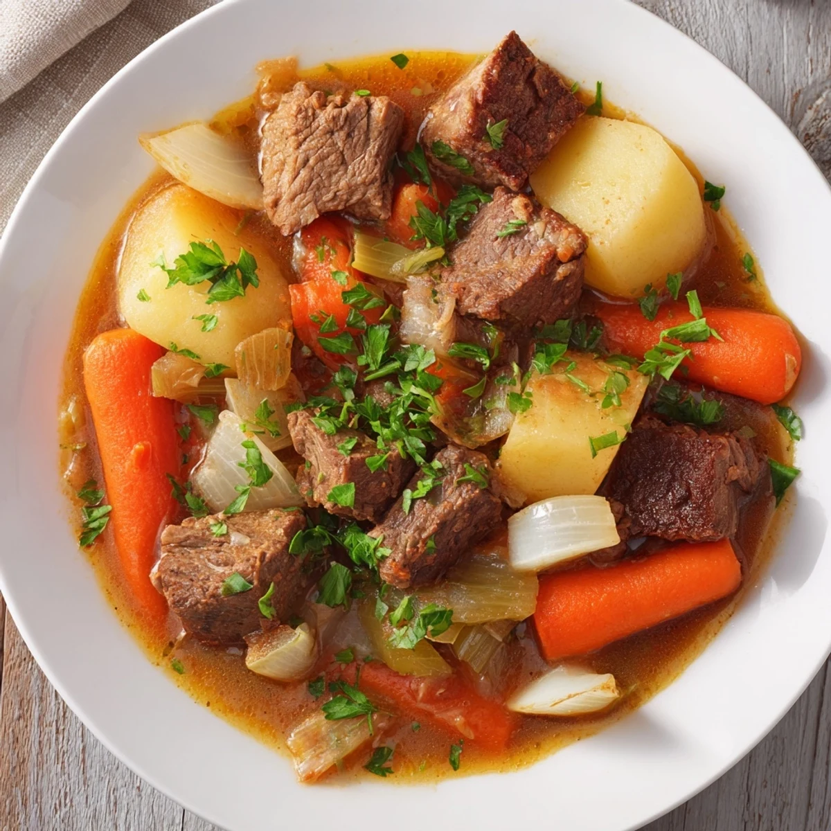 Close-up of St. Patrick's Day Halal Irish Stew with glistening broth, chunks of halal lamb, and vibrant vegetables, evoking cozy comfort food warmth.