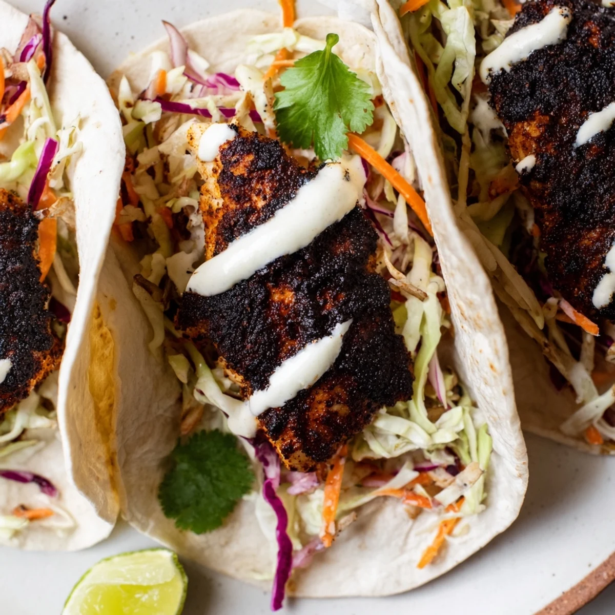 Warm Louisiana Blackened Fish Tacos topped with creamy slaw and drizzled with sauce on a plate