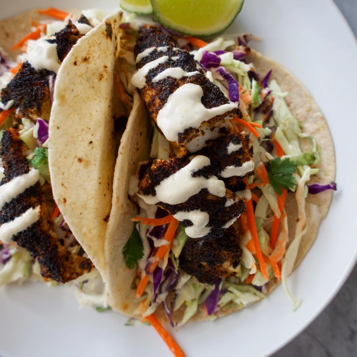 Sizzling blackened fish resting beside lime wedges, ready to assemble into fish tacos
