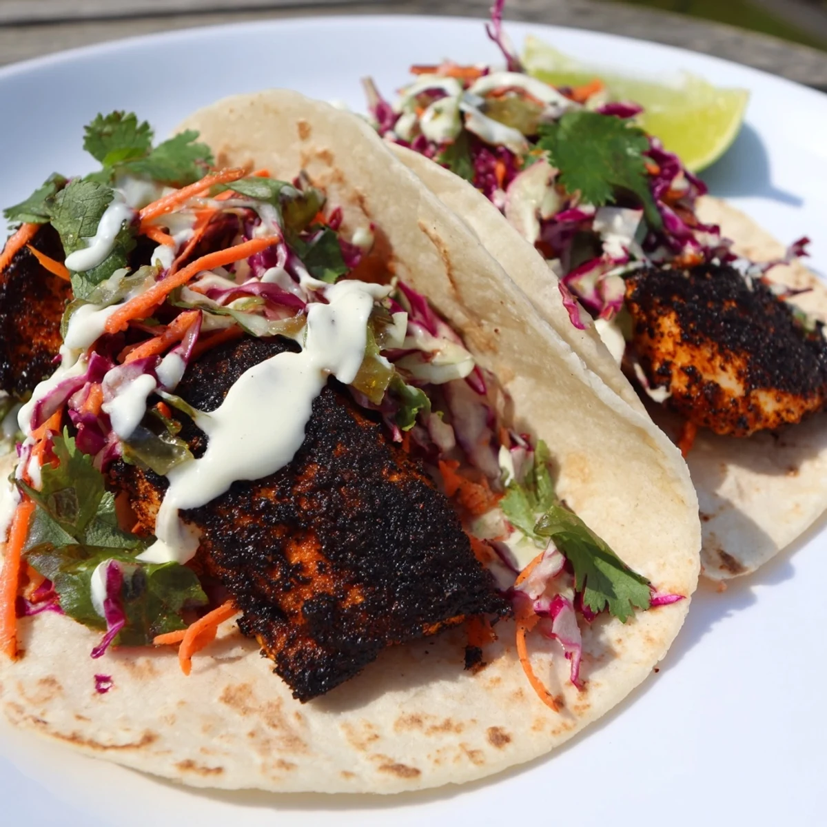 Crisp cabbage slaw and tender blackened fish tucked into tortillas for a zesty taco dinner