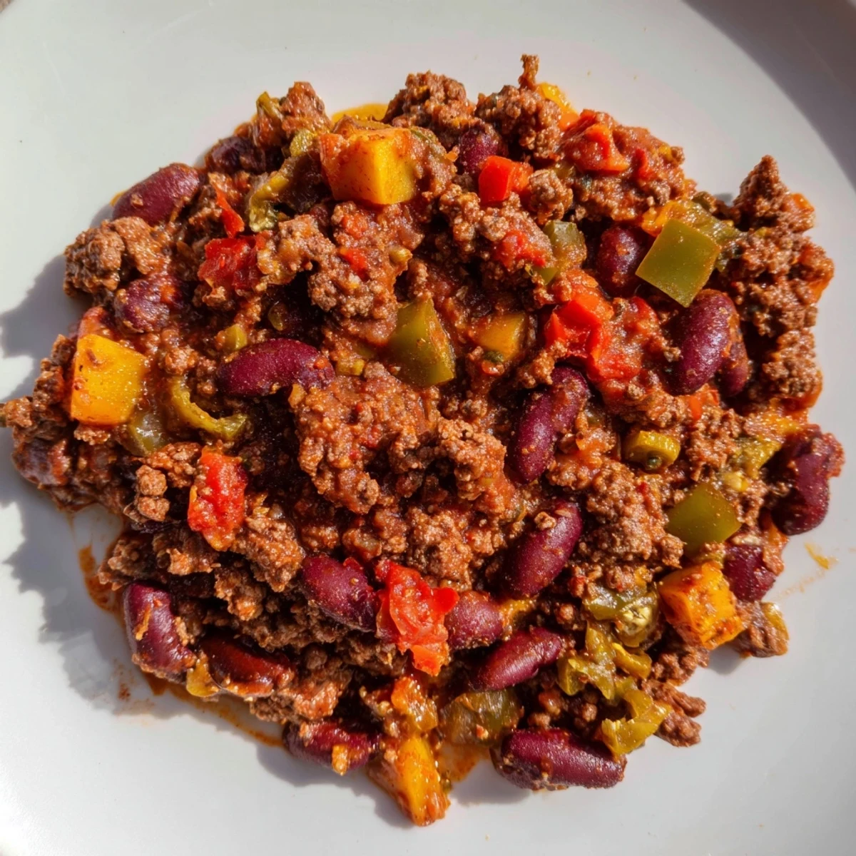 A hearty bowl of Championship Spicy Beef Chili, brimming with tender beef cubes, beans, and a rich, red, peppery sauce.  