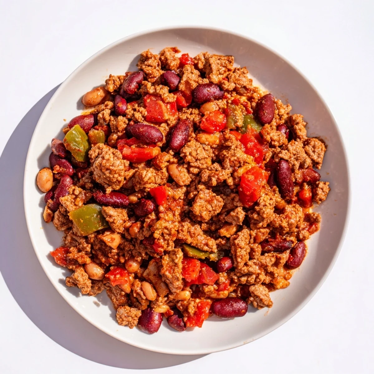 Close-up on Championship Spicy Beef Chili revealing thick texture with chunks of beef, kidney beans, and jalapeños in the pot.
