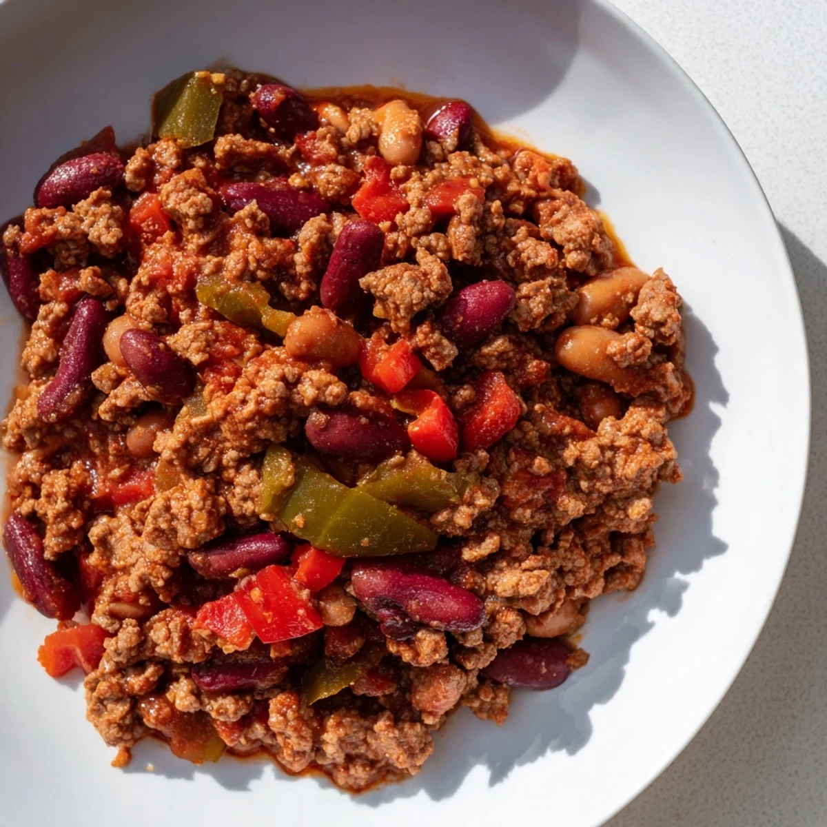 Steaming Championship Spicy Beef Chili in a rustic bowl, topped with cilantro and avocado, ready to serve on game day.  