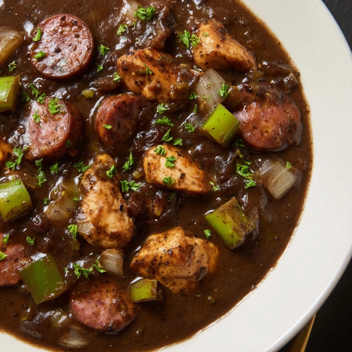 A warm bowl of Mardi Gras Chicken and Sausage Gumbo served over fluffy white rice, garnished with fresh parsley and scallions.