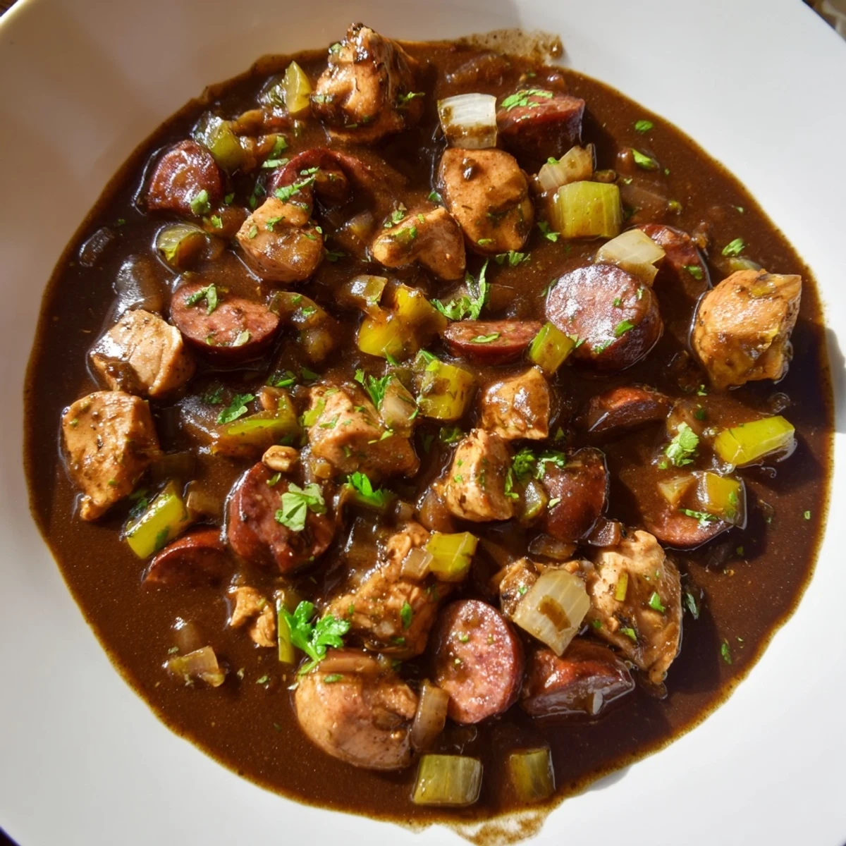 Close-up view of rich, chocolate-brown Mardi Gras Chicken and Sausage Gumbo featuring tender chicken thighs and sliced andouille sausage.