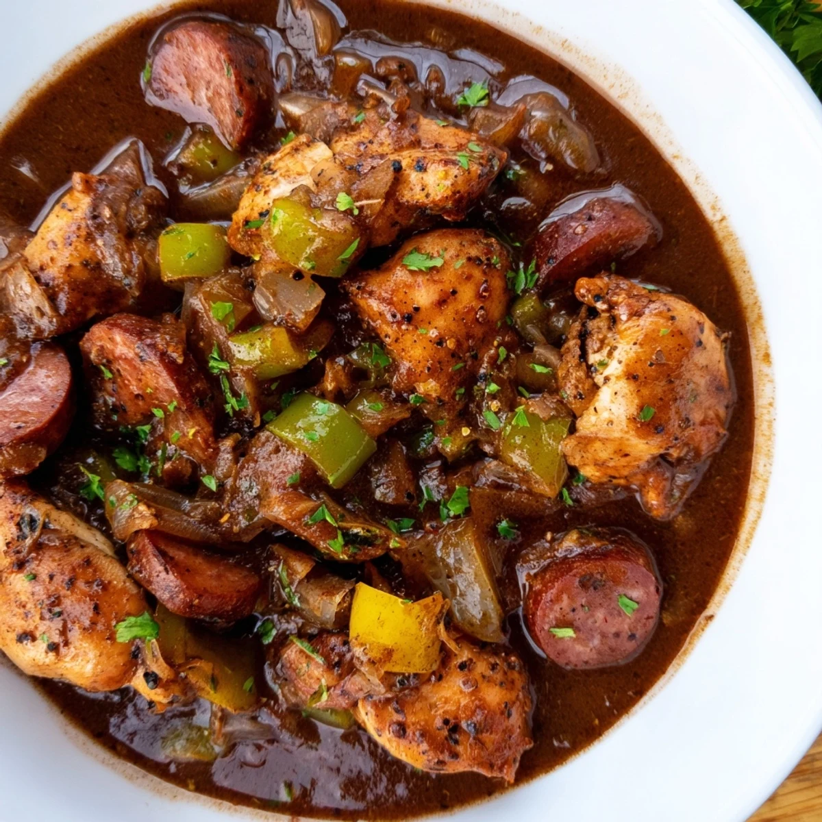 Hearty ladle of Creole Mardi Gras Chicken and Sausage Gumbo in a rustic Dutch oven, ready to serve hot.