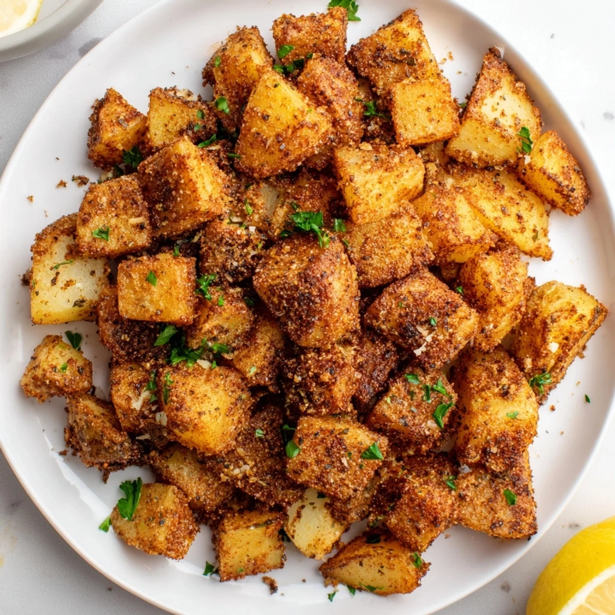 Golden-brown Cajun Spiced Roasted Potatoes with crispy edges and fresh parsley garnish, served alongside grilled chicken.