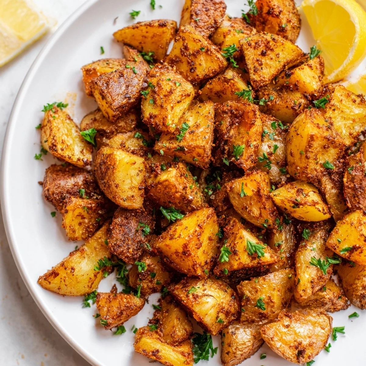 Freshly baked Cajun Spiced Roasted Potatoes with lemon wedges on a rustic plate, ready for a Southern-style dinner.