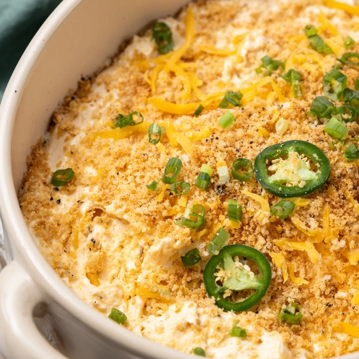 Golden-brown, bubbly Super Bowl Jalapeño Popper Dip sits in a baking dish, garnished with fresh jalapeño slices and green onions, ready for tortilla chips.