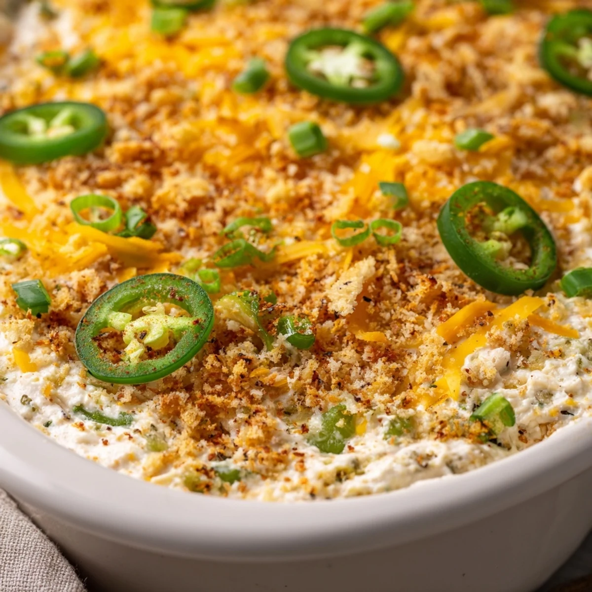 Golden-brown panko crust covers a cheesy Super Bowl Jalapeño Popper Dip, served warm with tortilla chips and fresh vegetable sticks on the side.