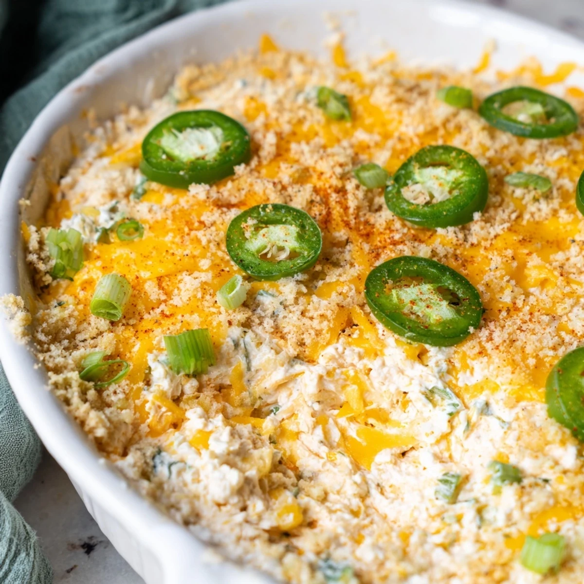 Fresh jalapeño slices and green onions top a creamy, golden-topped Super Bowl Jalapeño Popper Dip, baked to perfection in a rustic dish.