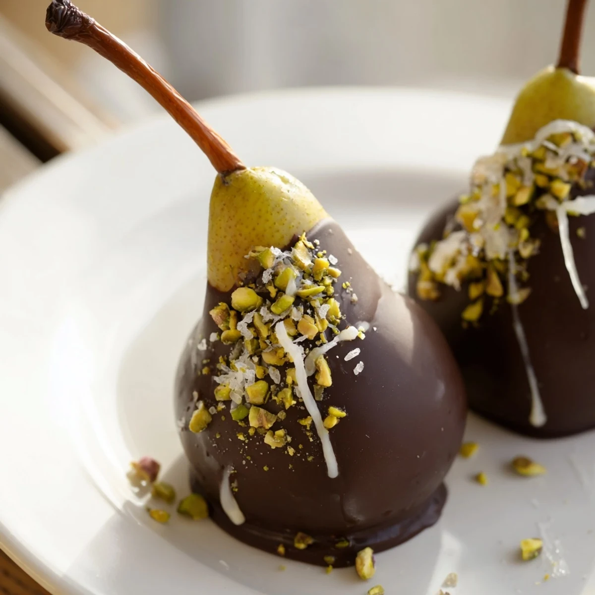 A halved, ripe Bosc pear dipped in glossy dark chocolate, sprinkled with crushed pistachios and flaky sea salt on a parchment-lined baking sheet, showcasing an elegant Romantic Chocolate Covered Pears dessert.