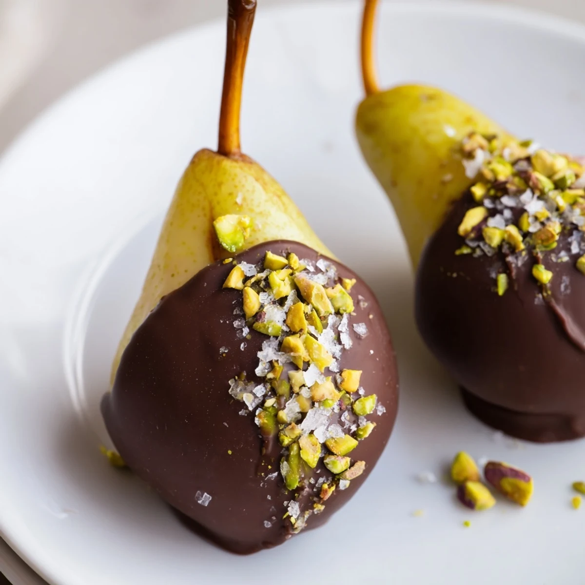Freshly dipped Romantic Chocolate Covered Pears glisten under soft light, displaying a rich cocoa coating, green nutty pistachios, and delicate salt crystals, served alongside a glass of bubbly Moscato d'Asti.