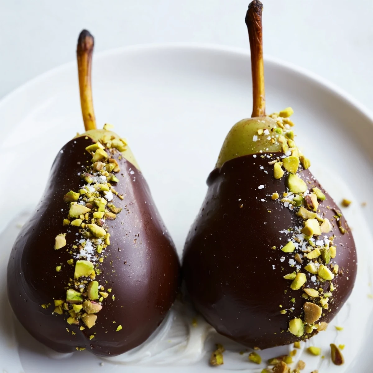 Decadent Romantic Chocolate Covered Pears rest on a cooling rack, featuring smooth dark chocolate shells, crunchy toppings, and optional white chocolate drizzle, ready for a romantic and gluten-free dessert serving.