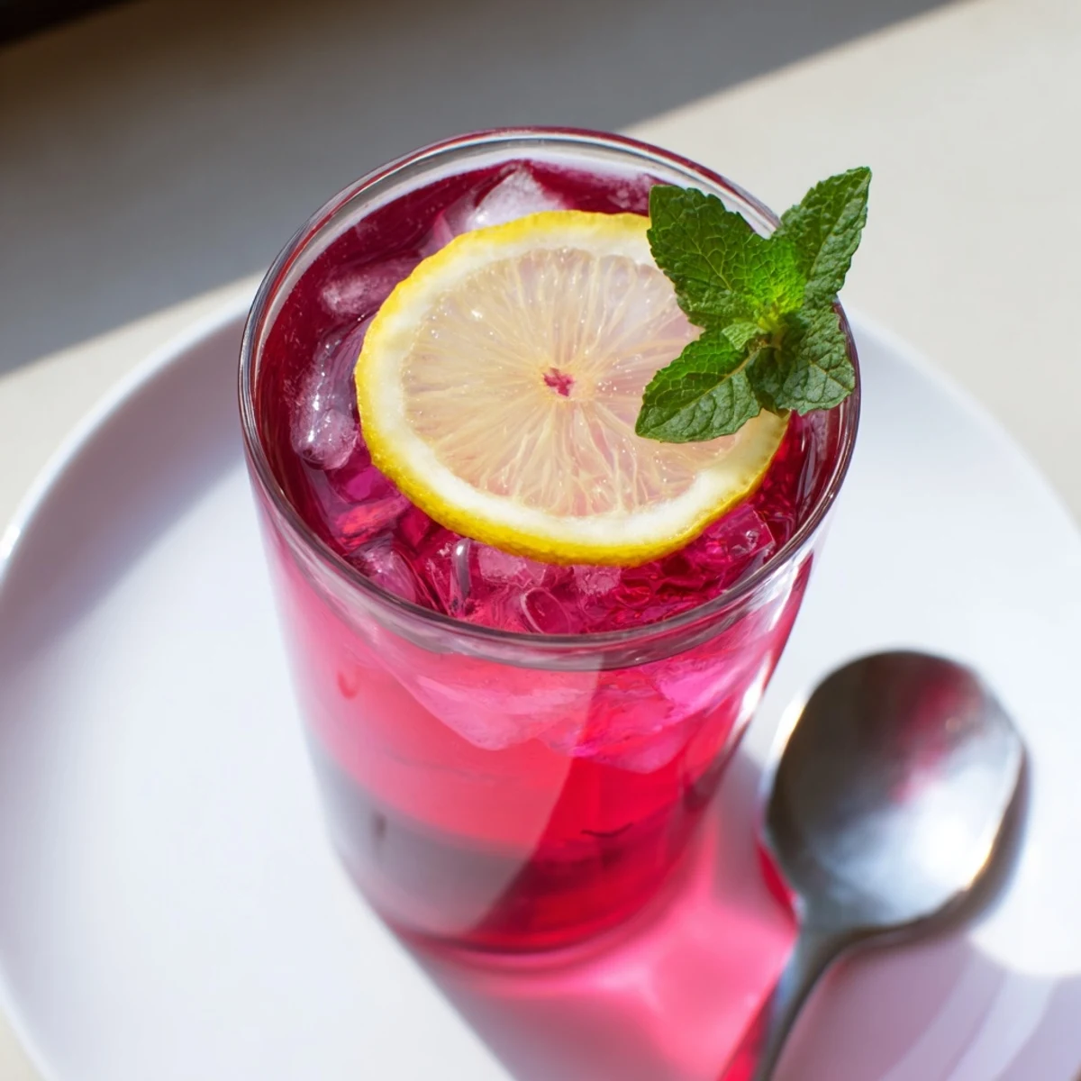 Over ice, a glass of Pink Hibiscus Iced Tea shines with a deep ruby hue and lemon slices.