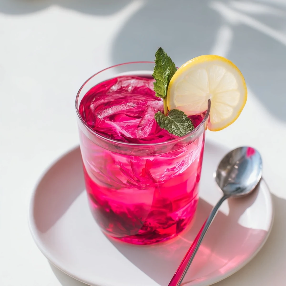 Serving Pink Hibiscus Iced Tea over ice, garnished with fresh mint and bright lemon wheels.