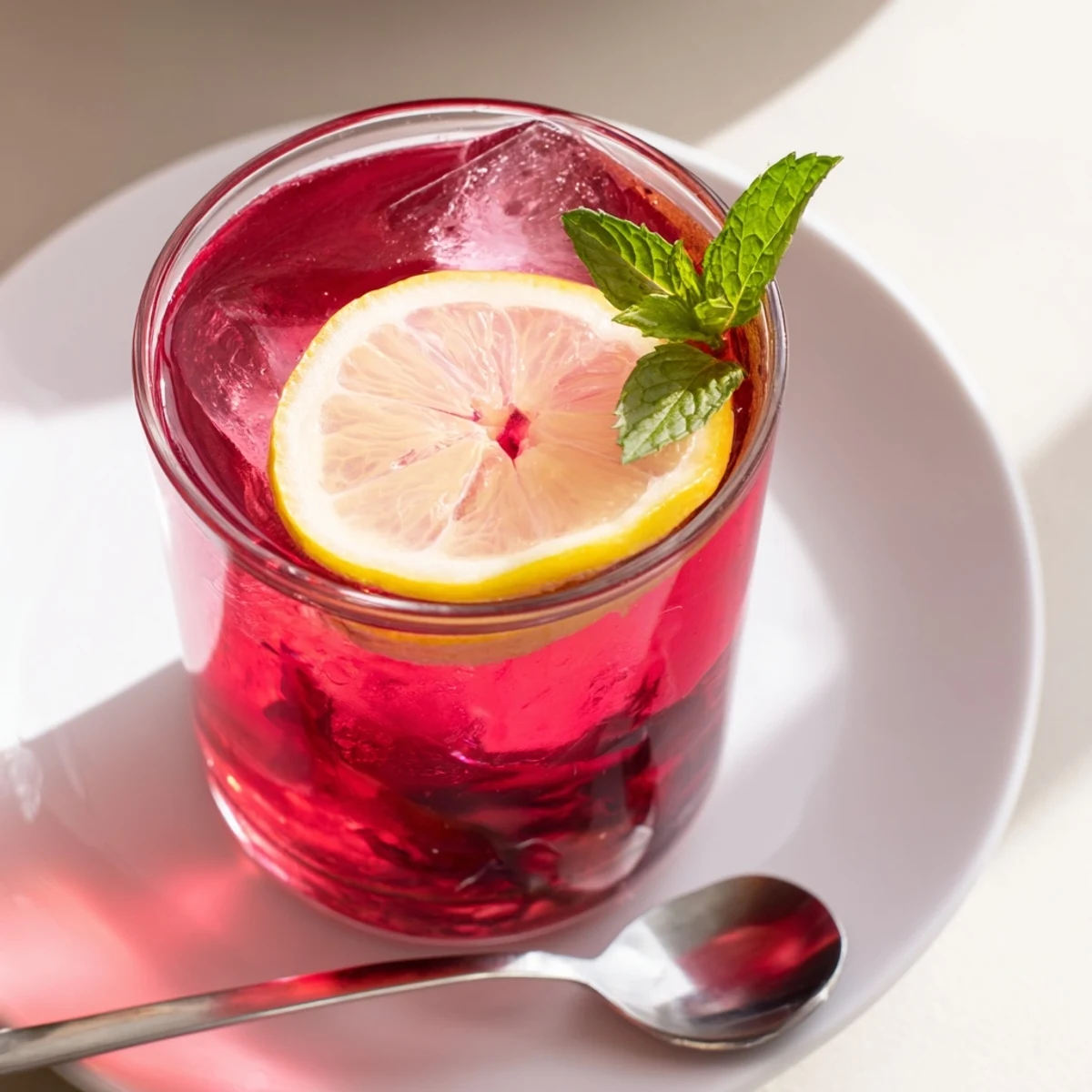 Freshly poured Pink Hibiscus Iced Tea in a clear pitcher, surrounded by dried hibiscus and citrus.