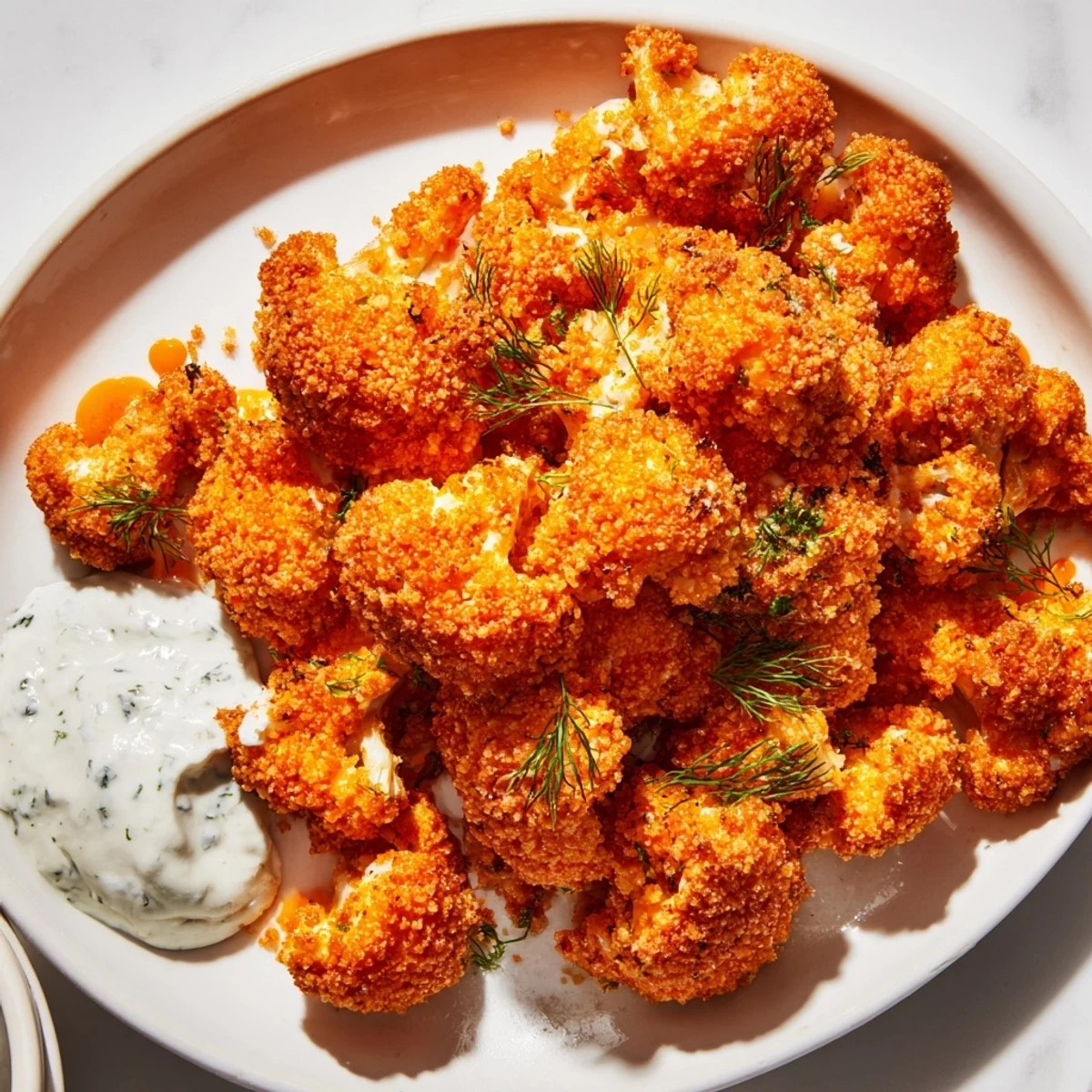 Golden-brown baked cauliflower florets are tossed in spicy buffalo sauce and served with creamy ranch dressing.