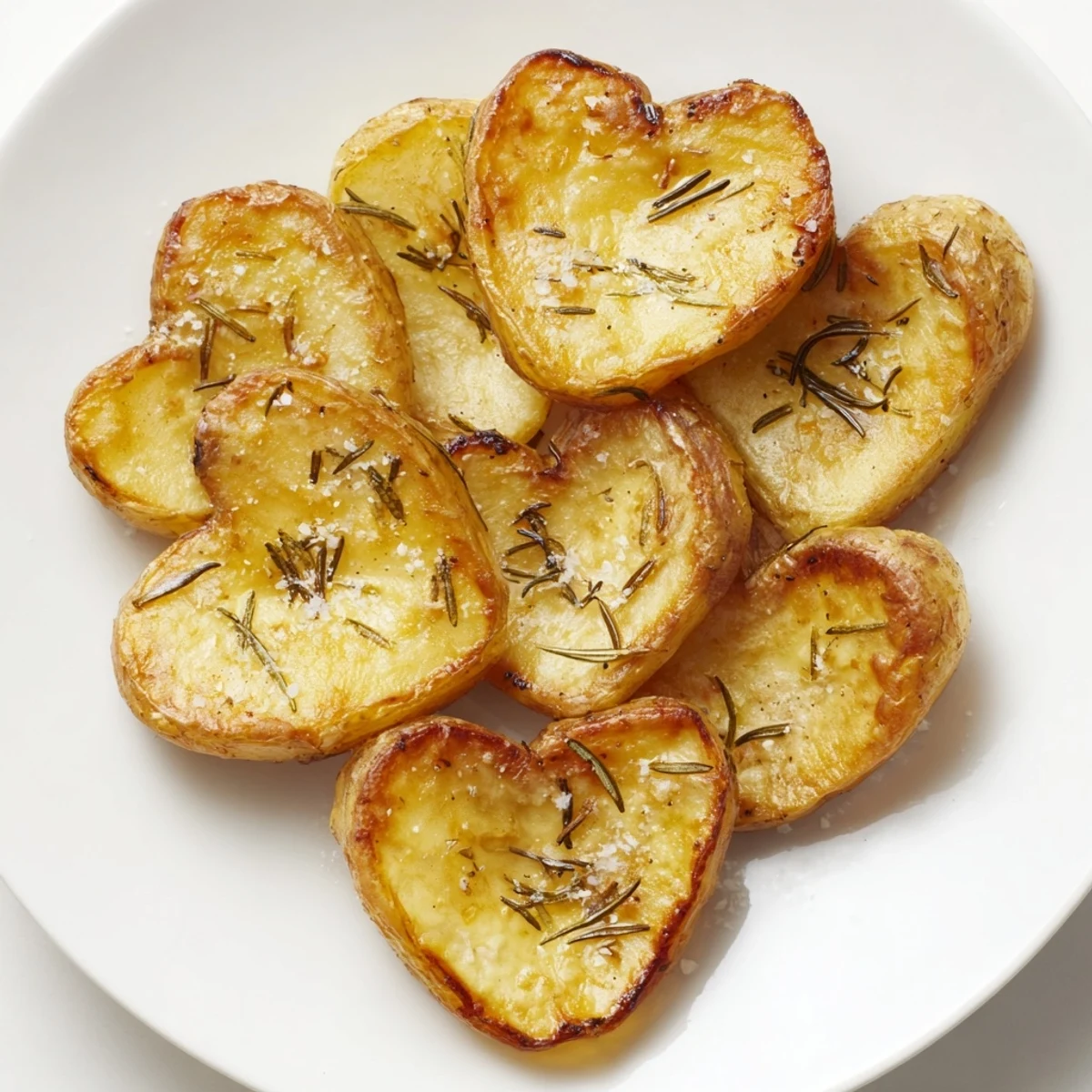 Golden roasted heart shaped potatoes with rosemary sit crispy on parchment paper, brushed with olive oil and herbs.