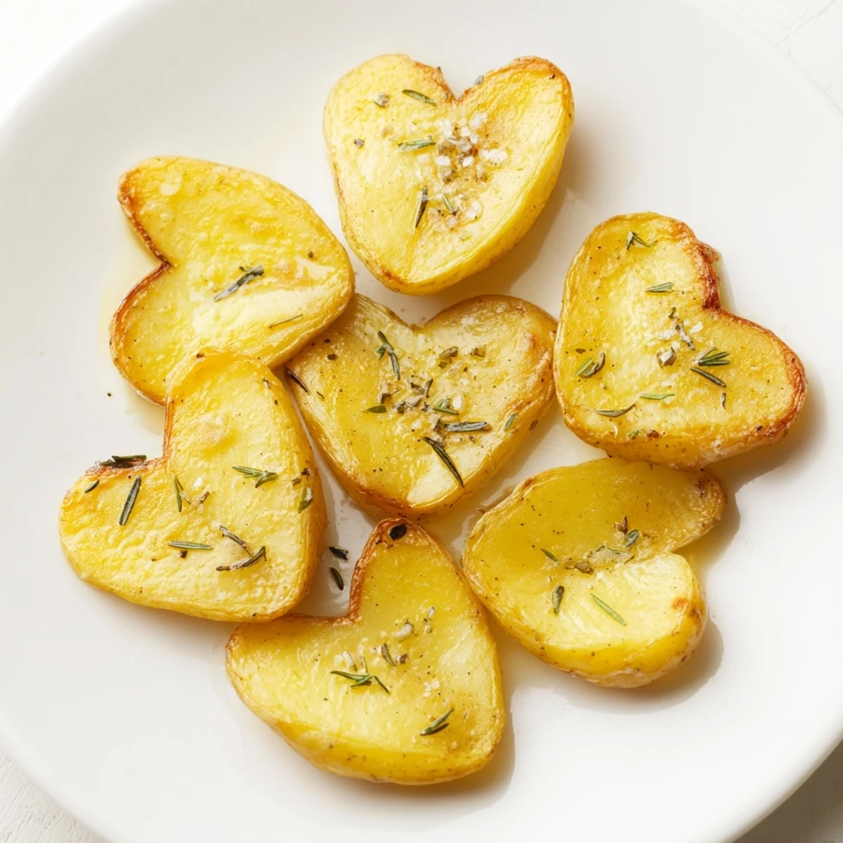 Perfectly baked heart shaped potatoes with rosemary are arranged on a platter, ready for a festive romantic side dish.