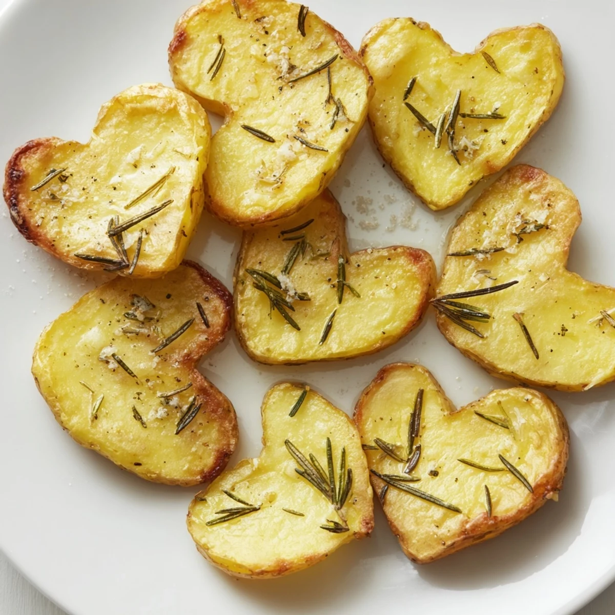 A close-up shows fluffy interiors and aromatic fresh rosemary sprinkled on these heart shaped potatoes with rosemary.