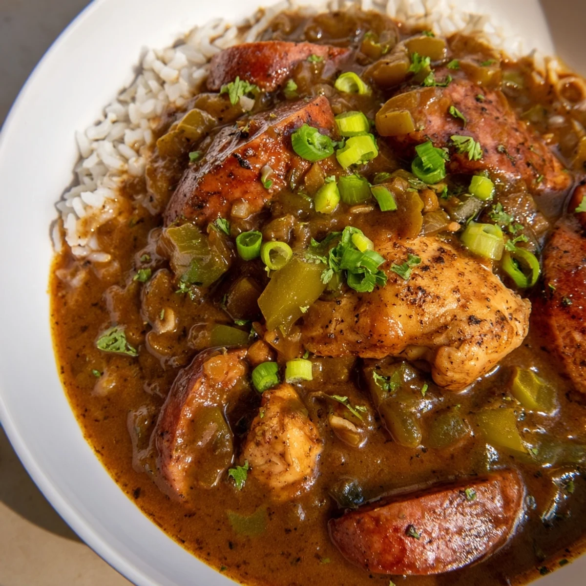 Steaming bowl of Chicken and Beef Sausage Gumbo served over fluffy white rice with green onions.