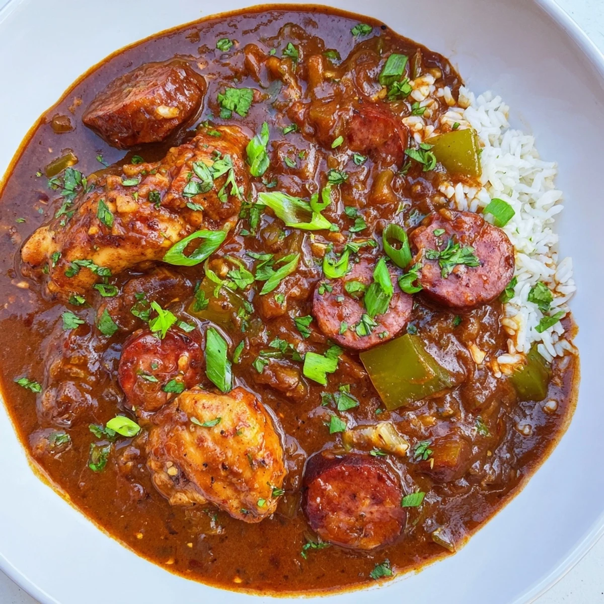 Smoky Chicken and Beef Sausage Gumbo simmered in a rich dark roux with bell peppers and celery.