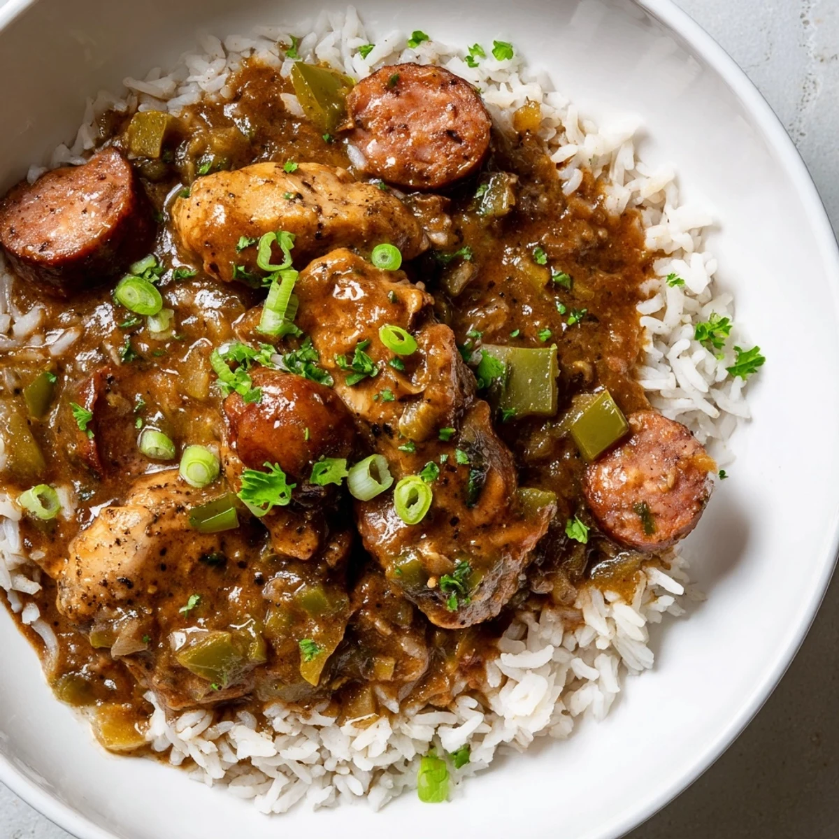 Hearty Chicken and Beef Sausage Gumbo in a rustic bowl with a slice of crusty French bread.