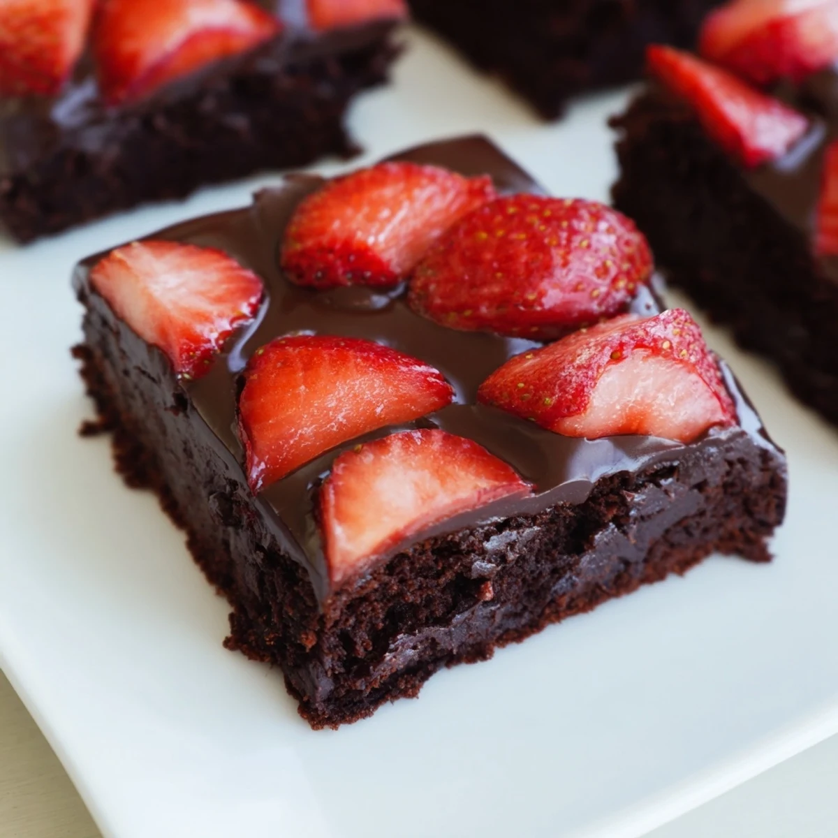 Chocolate Covered Strawberry Brownies with glossy ganache and fresh strawberry slices on a white plate.
