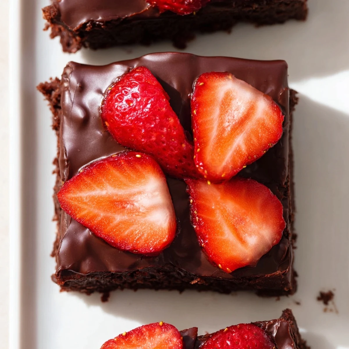 Fudgy Chocolate Covered Strawberry Brownies topped with bright red strawberries and drizzled chocolate ganache.