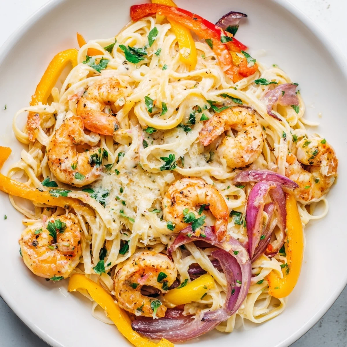 Creamy Cajun Shrimp Pasta with Bell Peppers served in a white bowl with fresh parsley garnish.
