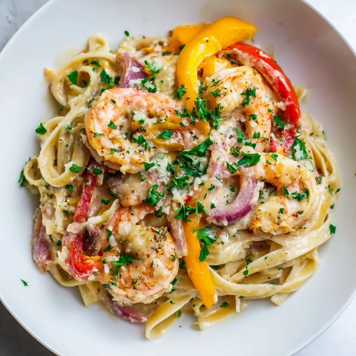 Plate of Creamy Cajun Shrimp Pasta with Bell Peppers paired with crusty bread and wine.