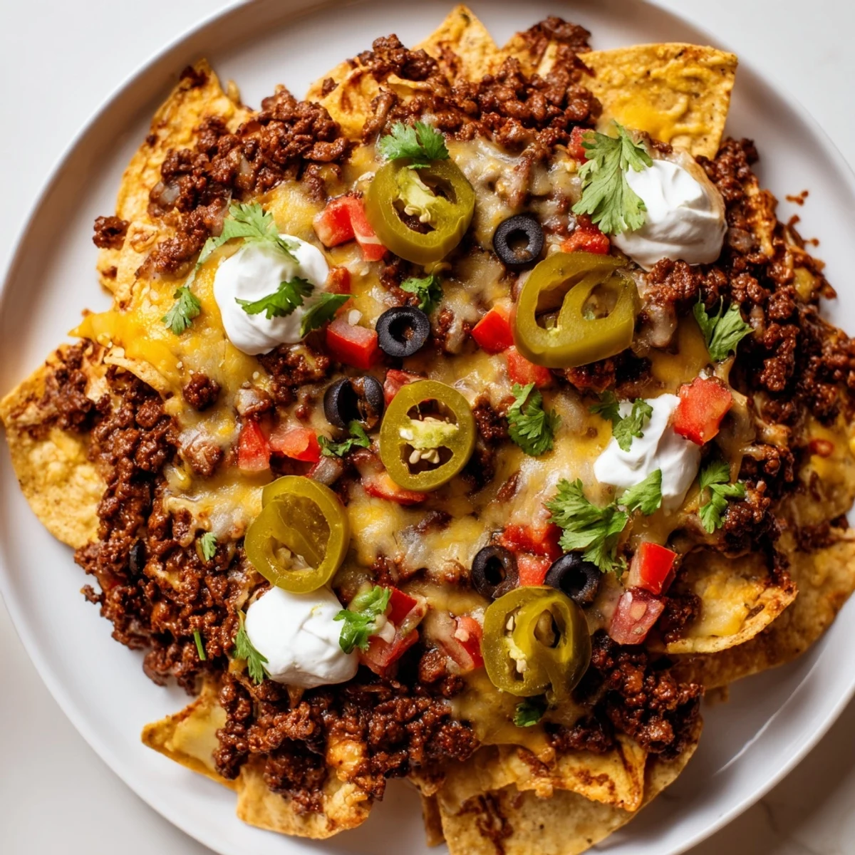 Freshly baked Spicy Beef Nacho Platter with Jalapenos, loaded with melted cheddar, Monterey Jack, and fresh jalapeño slices.