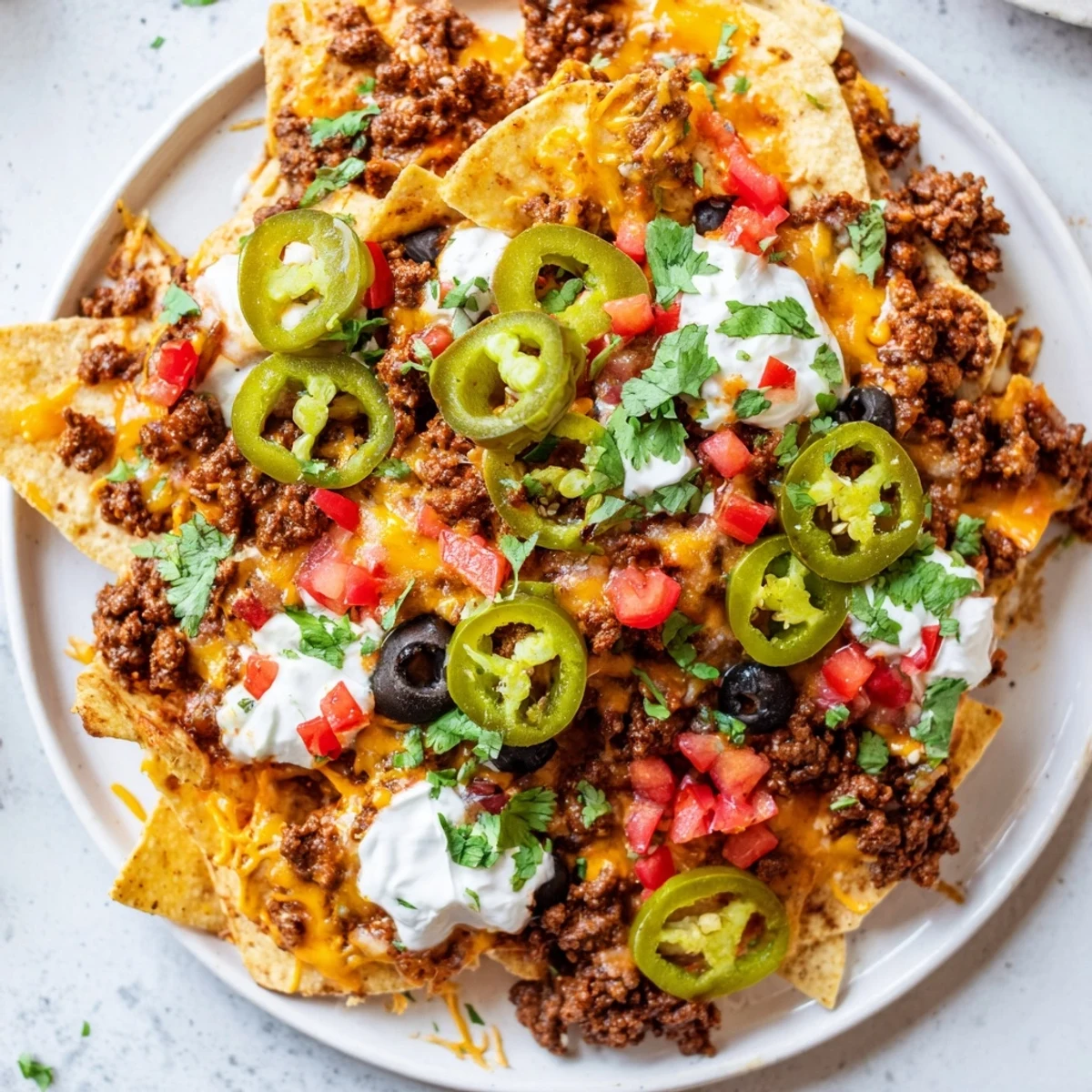Golden, crispy tortilla chips topped with seasoned spicy beef and bubbling cheese, served on a wooden board with sour cream.