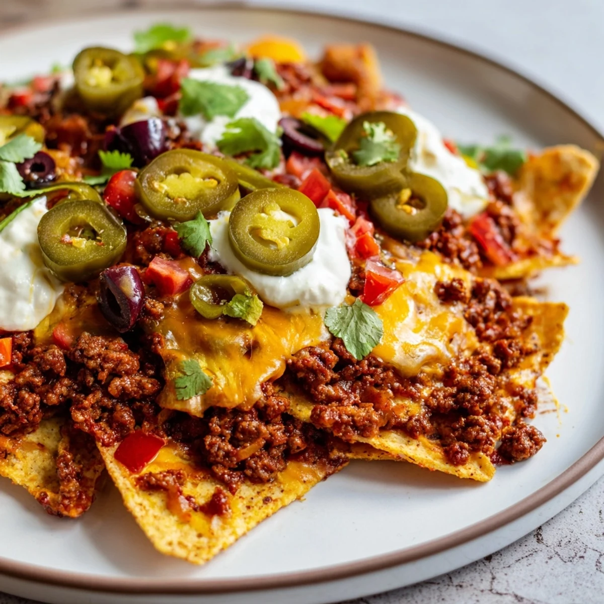 A close-up of a shared Spicy Beef Nacho Platter with Jalapenos, garnished with cilantro, tomatoes, and lime wedges.