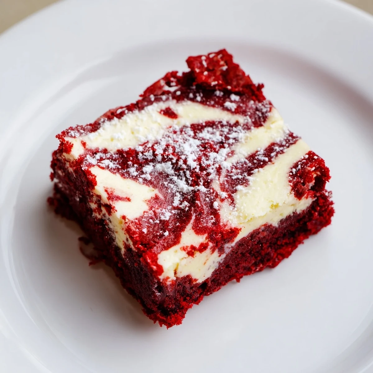 Freshly baked Red Velvet Cheesecake Brownie Bites dusted with powdered sugar on a white plate.