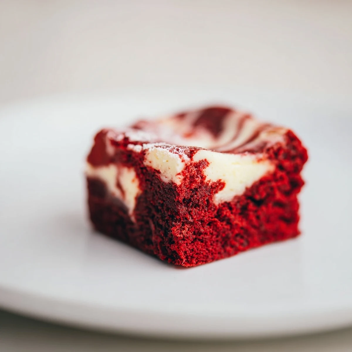 Close-up of a Red Velvet Cheesecake Brownie Bite showing a rich red crumb and creamy swirl.