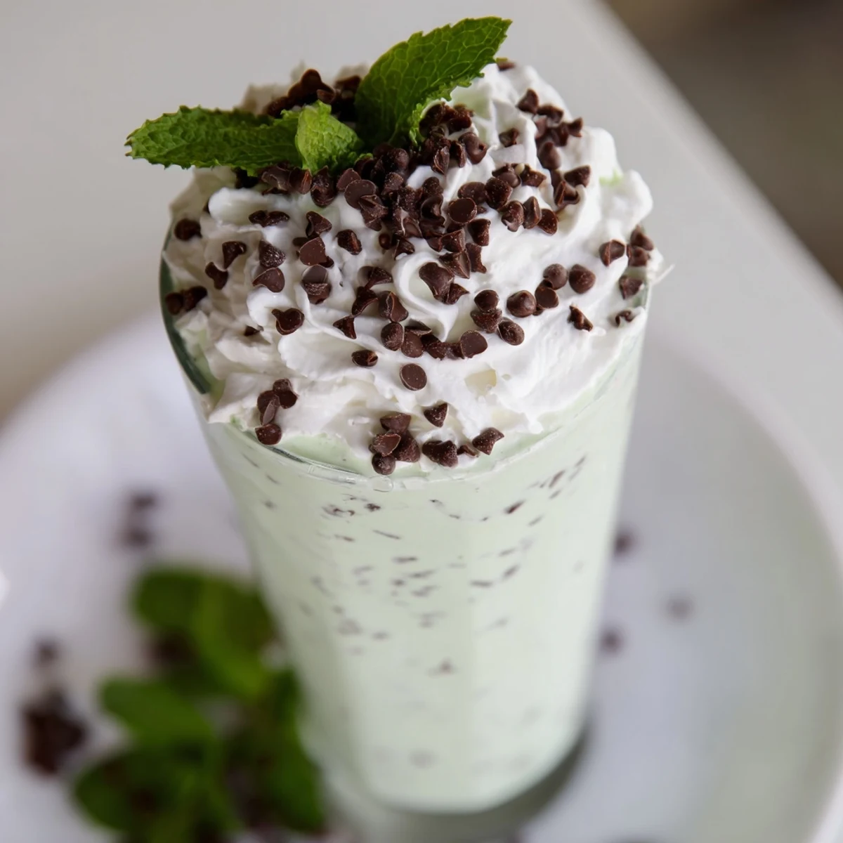 Two tall glasses of Mint Chocolate Chip Milkshake topped with fluffy whipped cream, chocolate shavings, and fresh mint, with straws ready to serve.