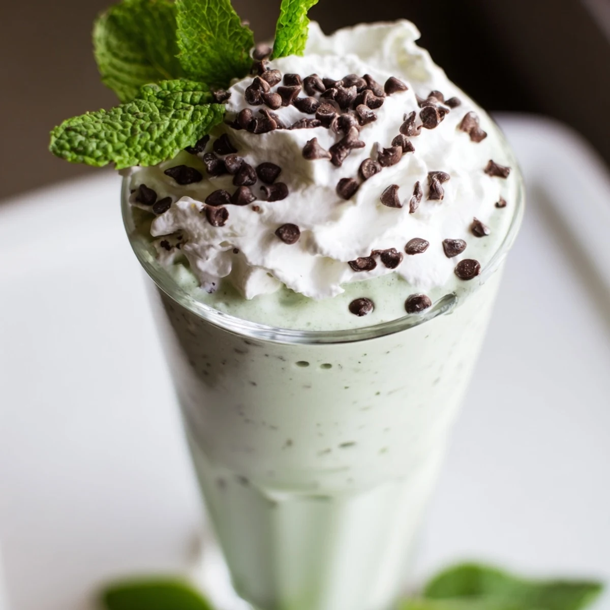 Close-up of a creamy green Mint Chocolate Chip Milkshake in a frosty glass, piled high with whipped cream and extra chocolate chips.